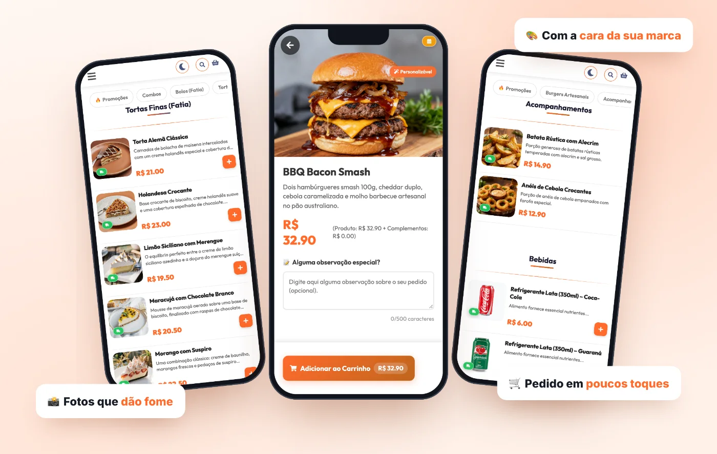 Três telas do cardápio digital: lista de tortas, detalhe do produto com botão Adicionar ao Carrinho e acompanhamentos