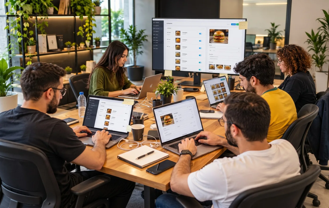 Equipe da Blipero montando cardápios digitais no computador