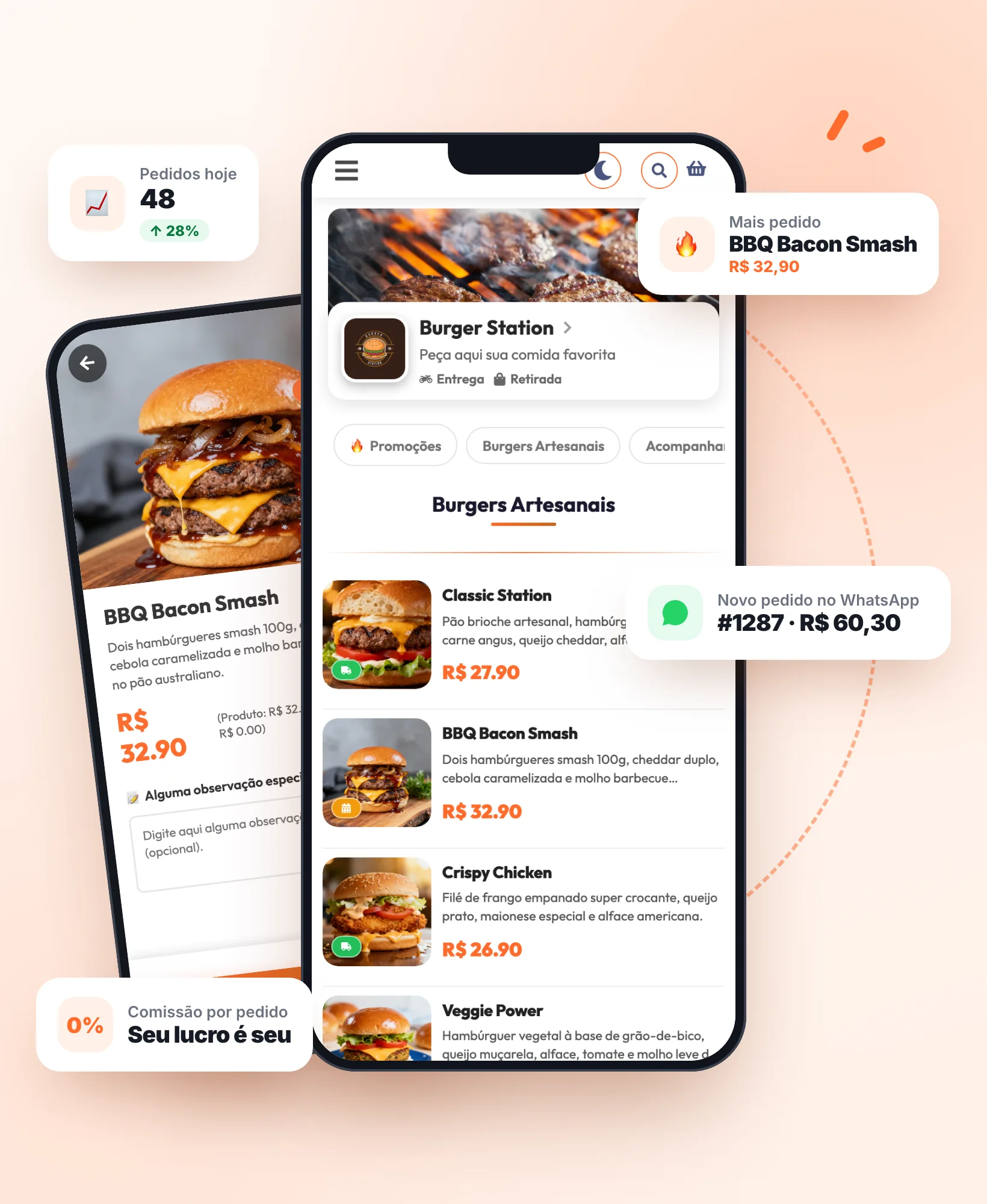 Cardápio digital Blipero da Burger Station no celular, com produtos, preços em laranja e detalhe do BBQ Bacon Smash