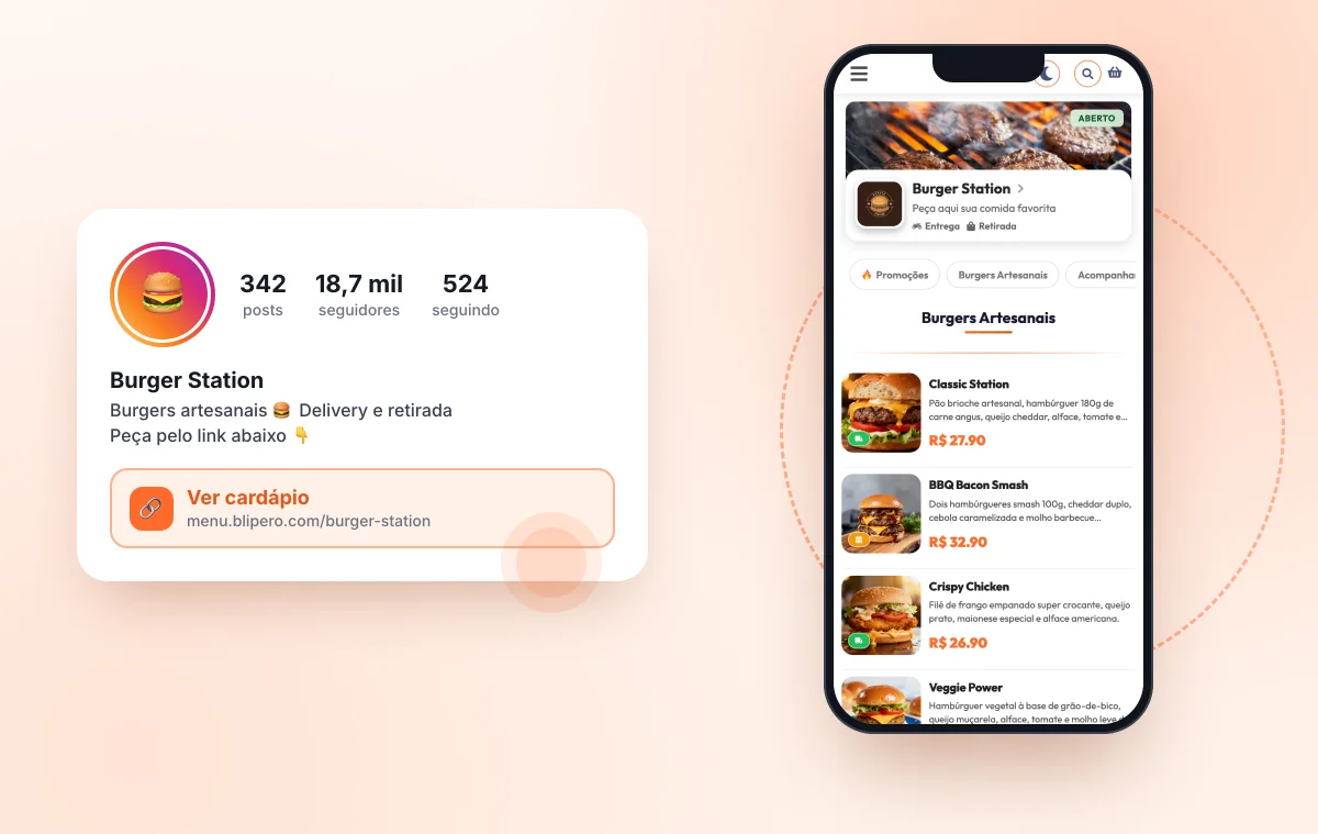 Perfil do Instagram com o link Ver cardápio na bio, abrindo o cardápio digital da Burger Station