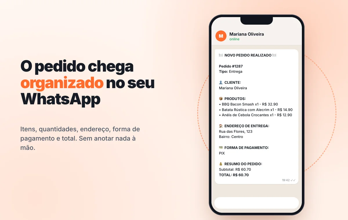 Mensagem de novo pedido no WhatsApp com cliente, produtos, endereço, forma de pagamento e total