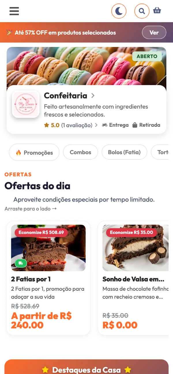 Cardápio digital de uma confeitaria com ofertas do dia