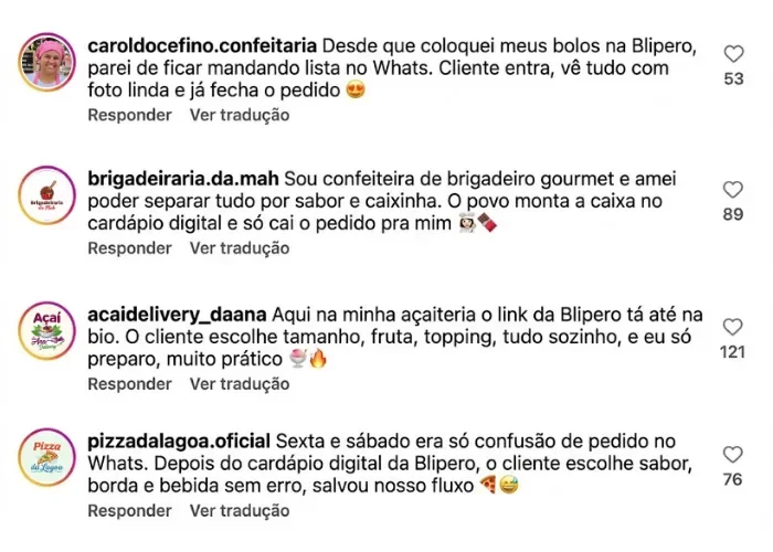 Comentários de confeitarias, açaiteria e pizzaria elogiando o cardápio digital da Blipero