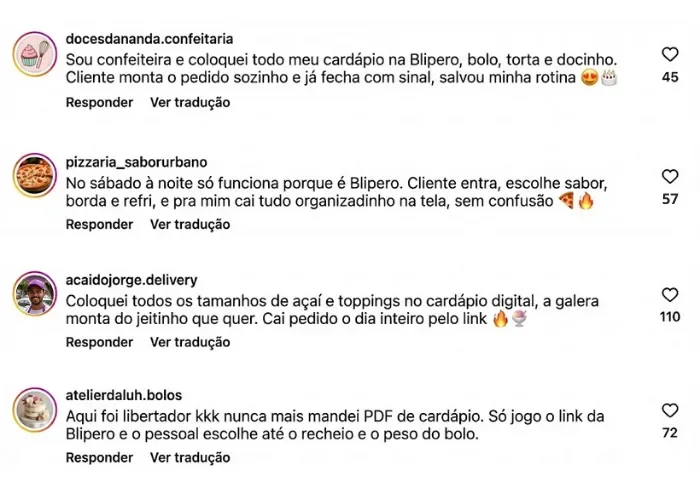Comentários de clientes sobre o cardápio digital da Blipero