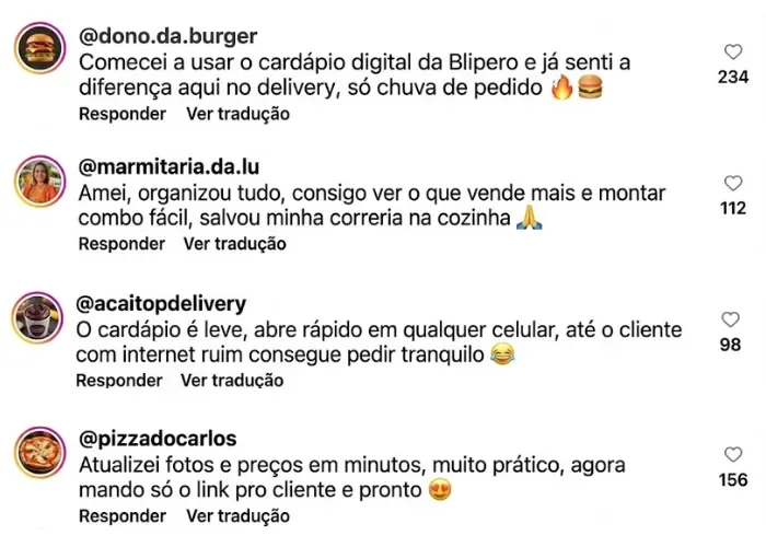 Comentários de clientes sobre o cardápio digital da Blipero