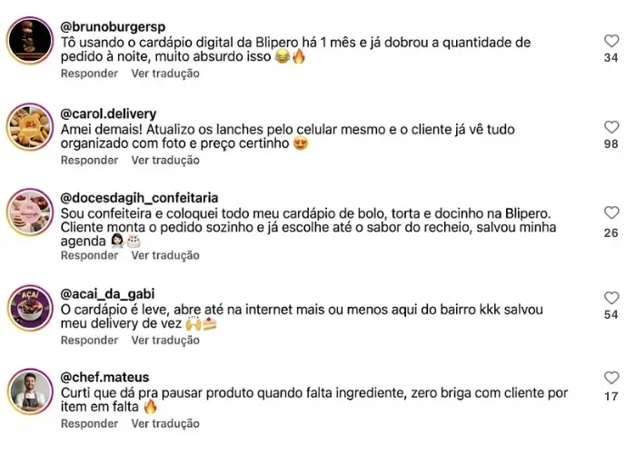 Comentários de clientes sobre o cardápio digital da Blipero